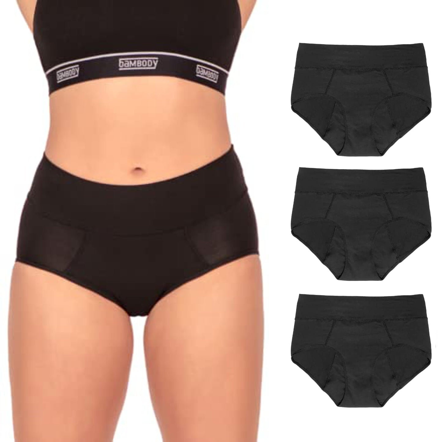 Bambody Absorbent Panty, Period Underwear for Women - Menstrual, Postpartum - Soft, Comfortable, Breathable Underwear - Medium, Large, 3 Pack Black