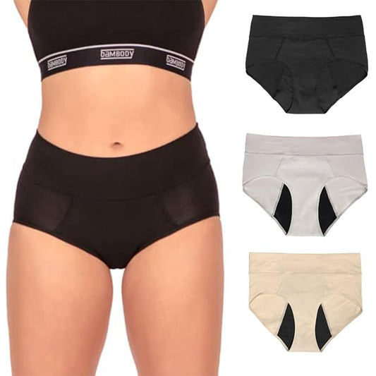 Bambody Period Underwear for Women - Absorbent Maternity & Postpartum Panties w/Silky Smooth & Breathable Fabric for Heavy Flow Menstrual & Incontinence - X-Large, 3 Pack Black - Nude - Gray
