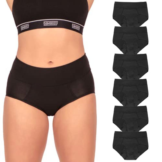 Bambody Period Underwear for Women - Absorbent Maternity & Postpartum Panties w/Silky Smooth & Breathable Fabric -4X-Large, 6 Pack Black