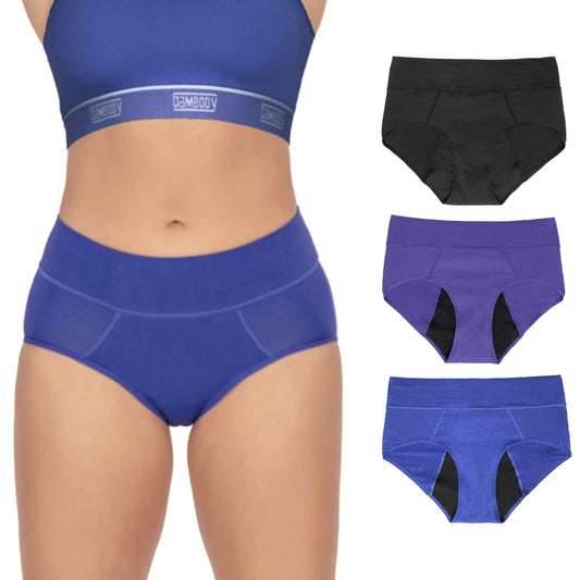 Bambody Absorbent Panties, Period Underwear for Women and Teens - Leakproof, Soft, Comfortable, Breathable - XX-Small, 3 Pack, Black - Dark Blue - Purple